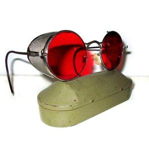 Antique WWII Red Welsh Goggles Sunglasses Spectacles Vtg Old Steampunk Glasses